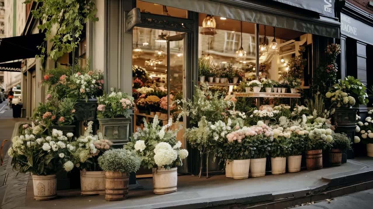 Charming street-level video shot of a flower shop with abundant blooms