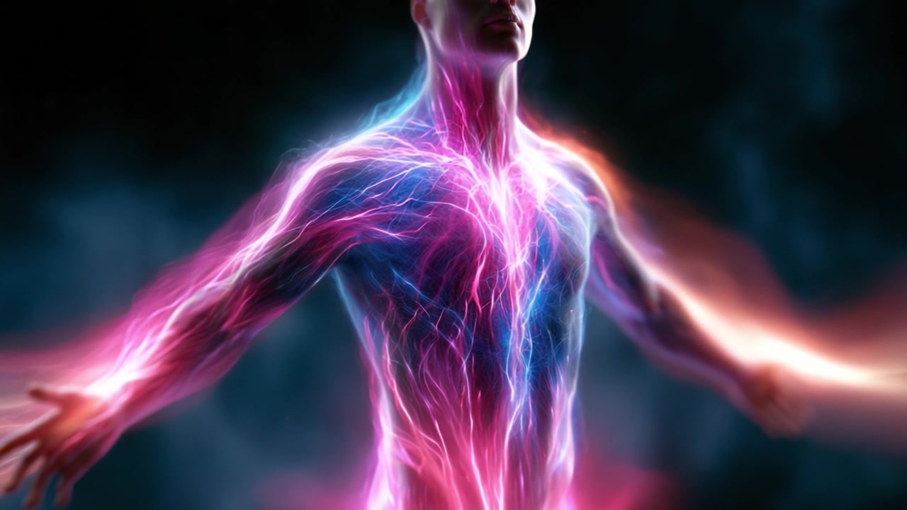 A mesmerizing portrayal of human energy and vitality, showcasing a figure surrounded by vibrant electric hues that symbolize the essence of life and interconnectedness.