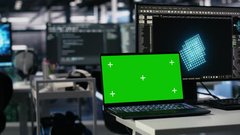 engineer in data center coding with generative ai assistance on chroma key laptop