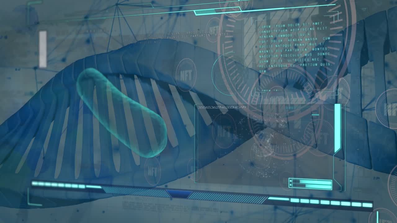 animación de celdas y datos en la interfaz sobre cadena de adn, red de conexiones e íconos de nft