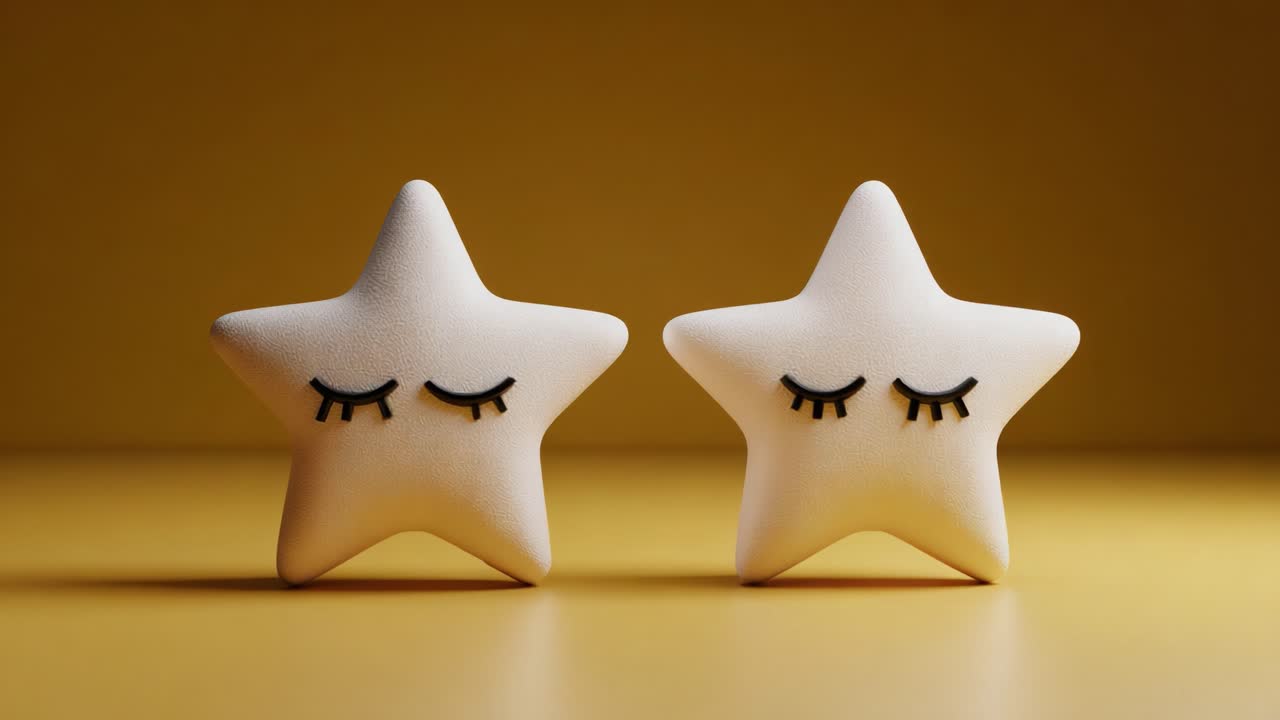 Charming Duo of Sleepy Star-Shaped Figurines with Closed Eyes, Against a Warm Yellow Background, Evoking a Whimsical and Dreamy Atmosphere Perfect for Decorative Elements and Children's Rooms