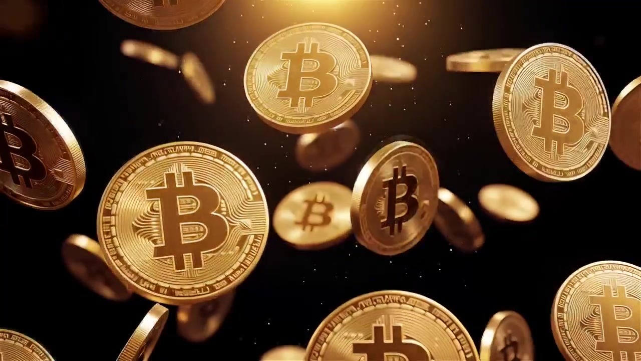 Bitcoin in rotazione su sfondo nero drammatico 4k