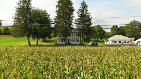 drone-flying-close-over-the-corn-field-in-front-of-the-Original-Historic-House-of-Josiah-Stowell-friend-of-Joseph-Smith-hired-him-for-money-or-Treasure-digging-in-the-early-1820s-Mormon-Origins