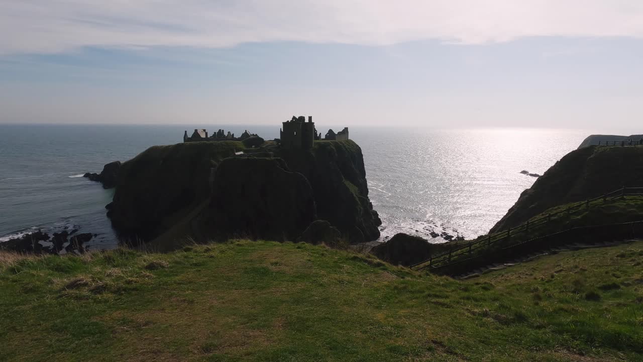 Panoramic view of Dunnottar Castle revealing the castle's magnificence against the backdrop of the expansive ocean