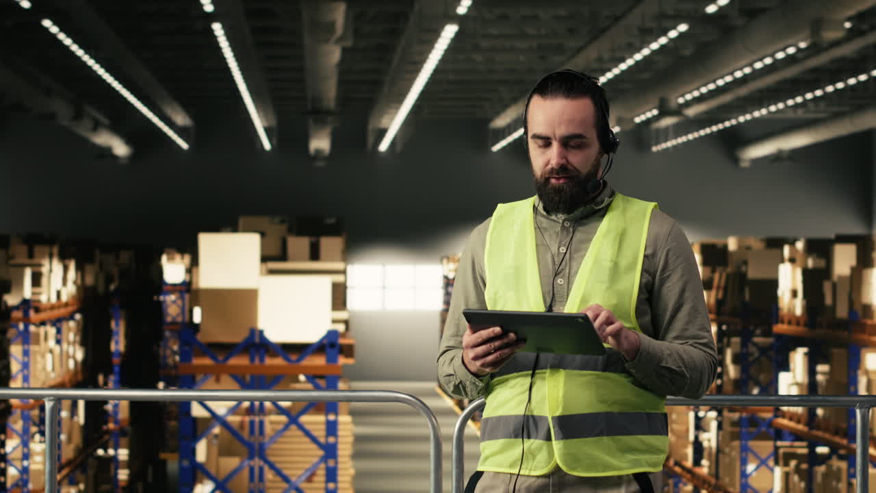 Operaio di magazzino con cuffie e tablet che controlla l'inventario.