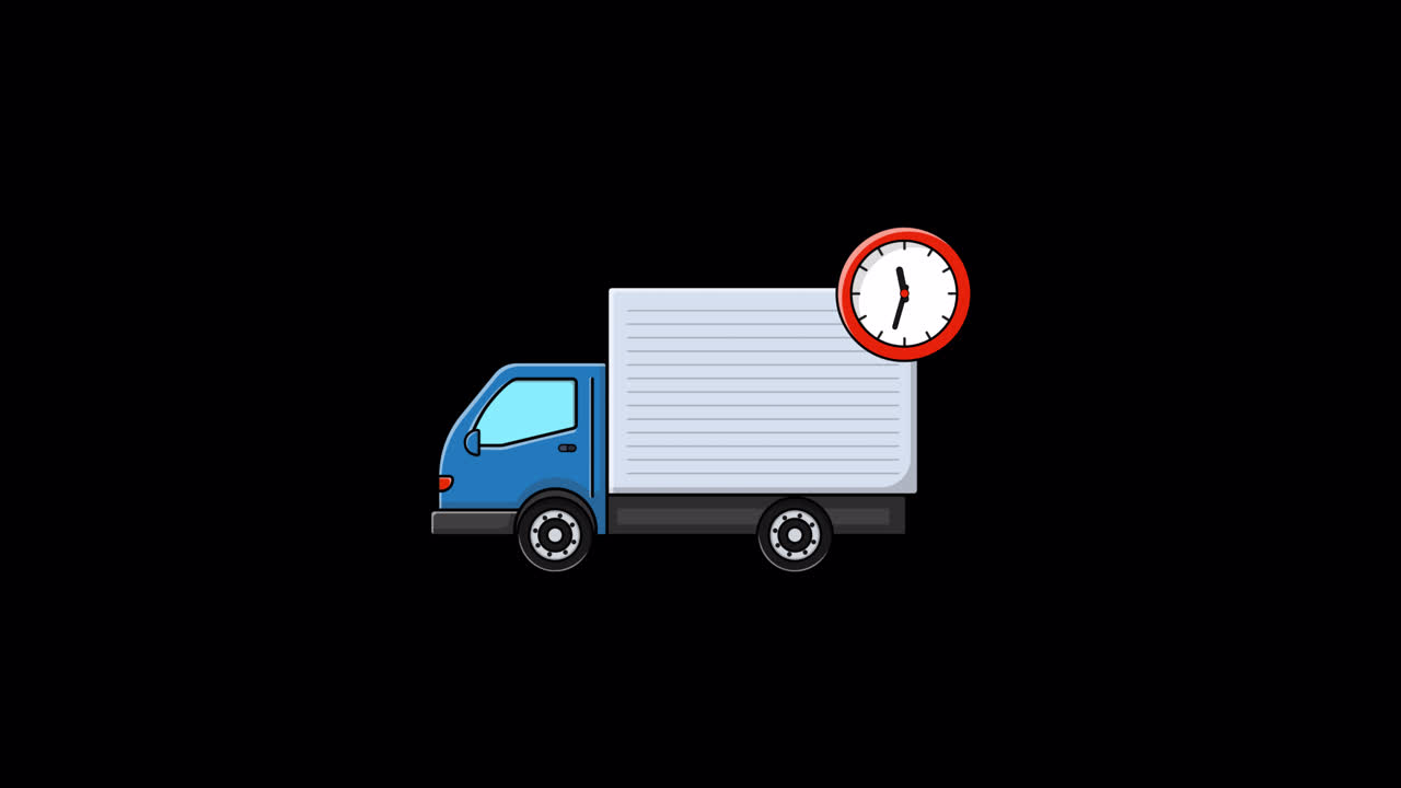 Animated Delivery Truck with Moving Clock Icon on Black Background