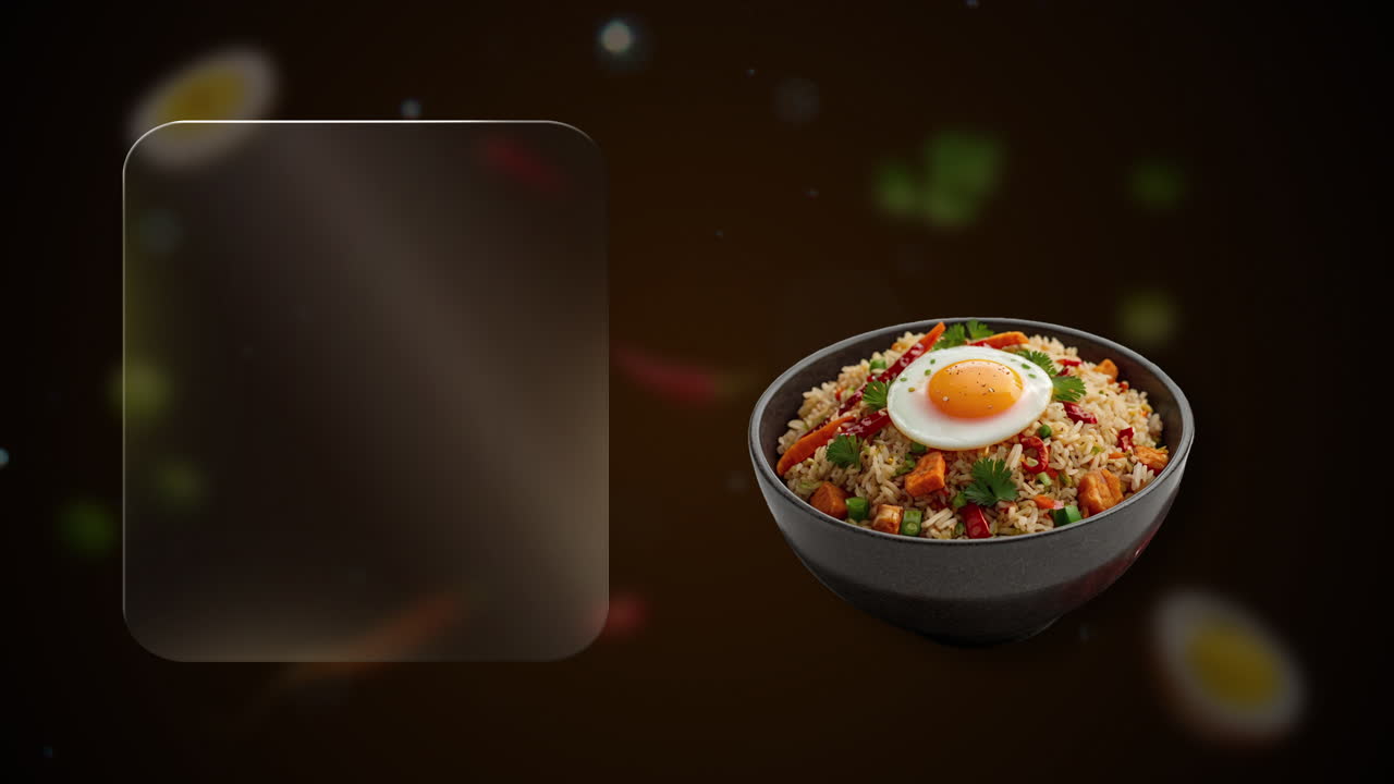 Fried rice With sweet potato an egg enters from the right on a dark orange background - add your offer on the glowing glass frame