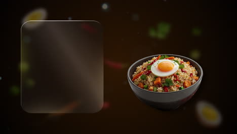 fried rice with sweet potato an egg enters from the right on a dark orange background - add your offer on the glowing glass frame