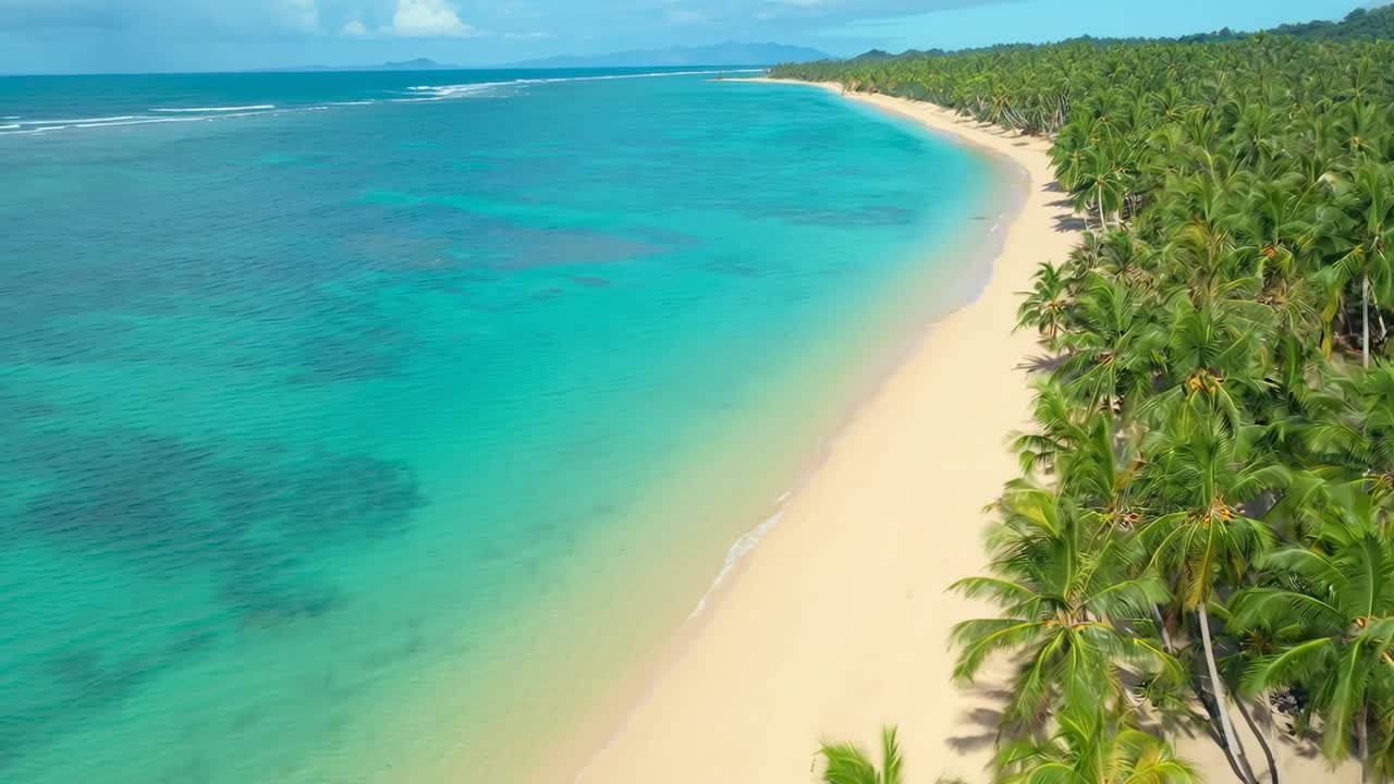 Video aereo riprende una serena spiaggia tropicale con acque turchesi e palme lussureggianti.