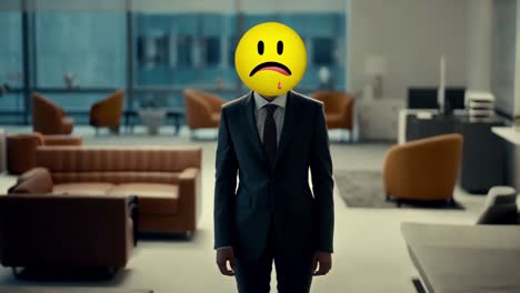 hombre de negocios con cabeza de emoji triste en la oficina