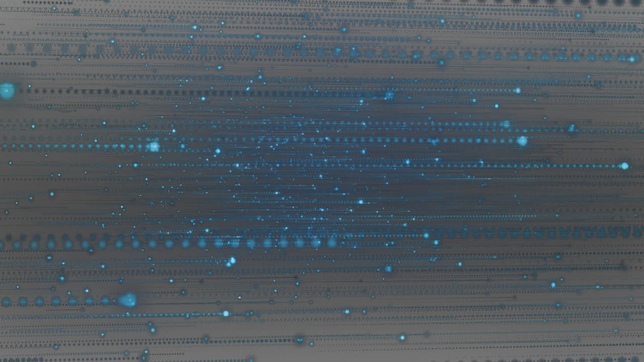 Glowing blue particles clustering at center while streaming along horizontal data rows in 3D render