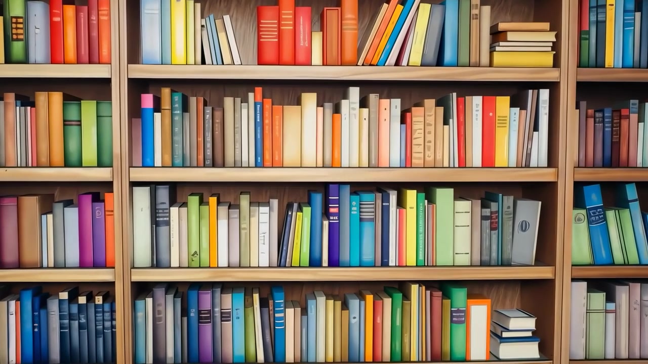 Zoom indietro in primo piano di una libreria piena e colorata