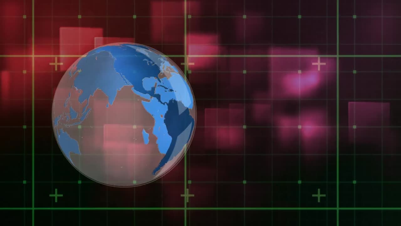 animación de un globo giratorio sobre una cuadrícula sobre un fondo colorido