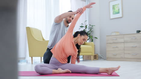 fitness, stretching and couple for support in home