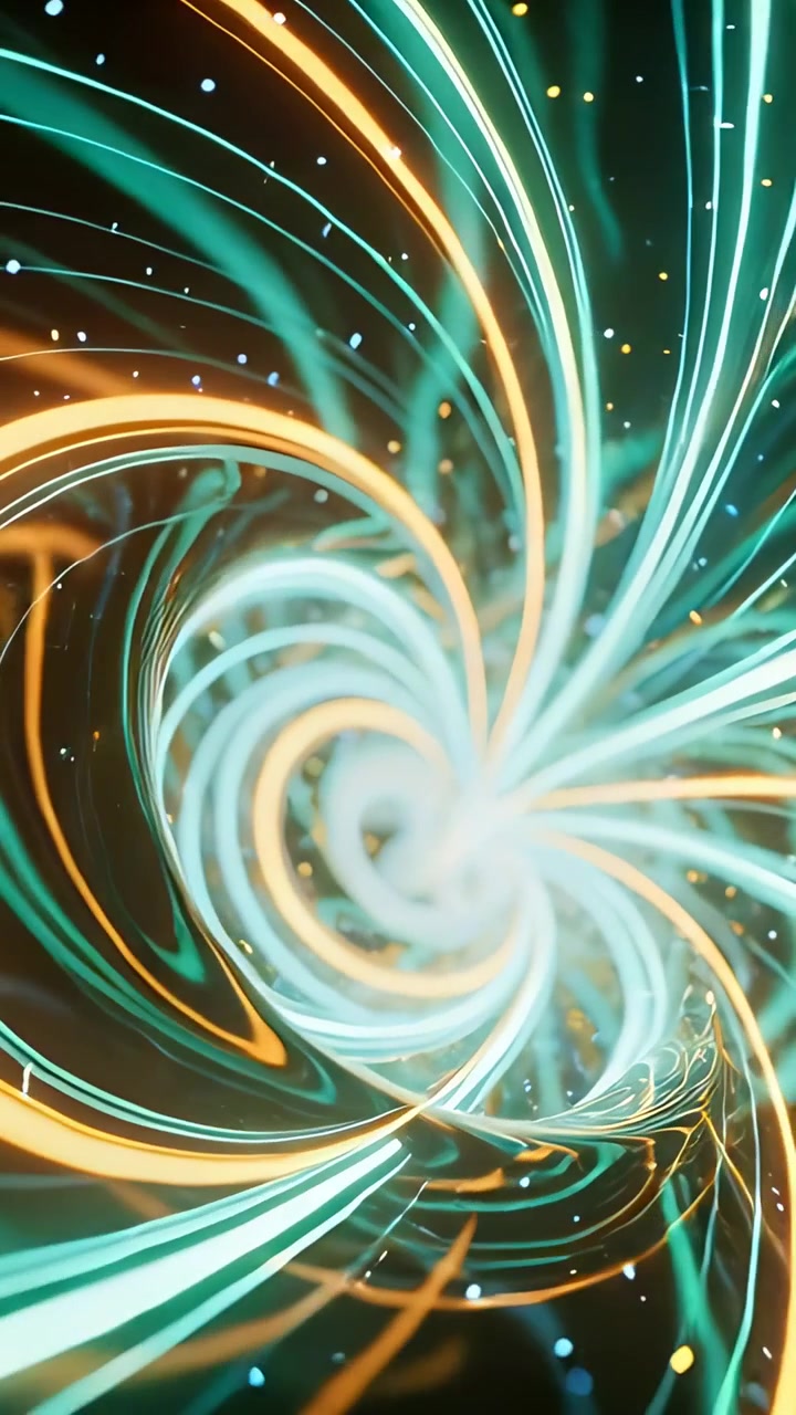 Vertical video: Curving teal amber ribbons forming vortex in void, band reflecting, pulling inward