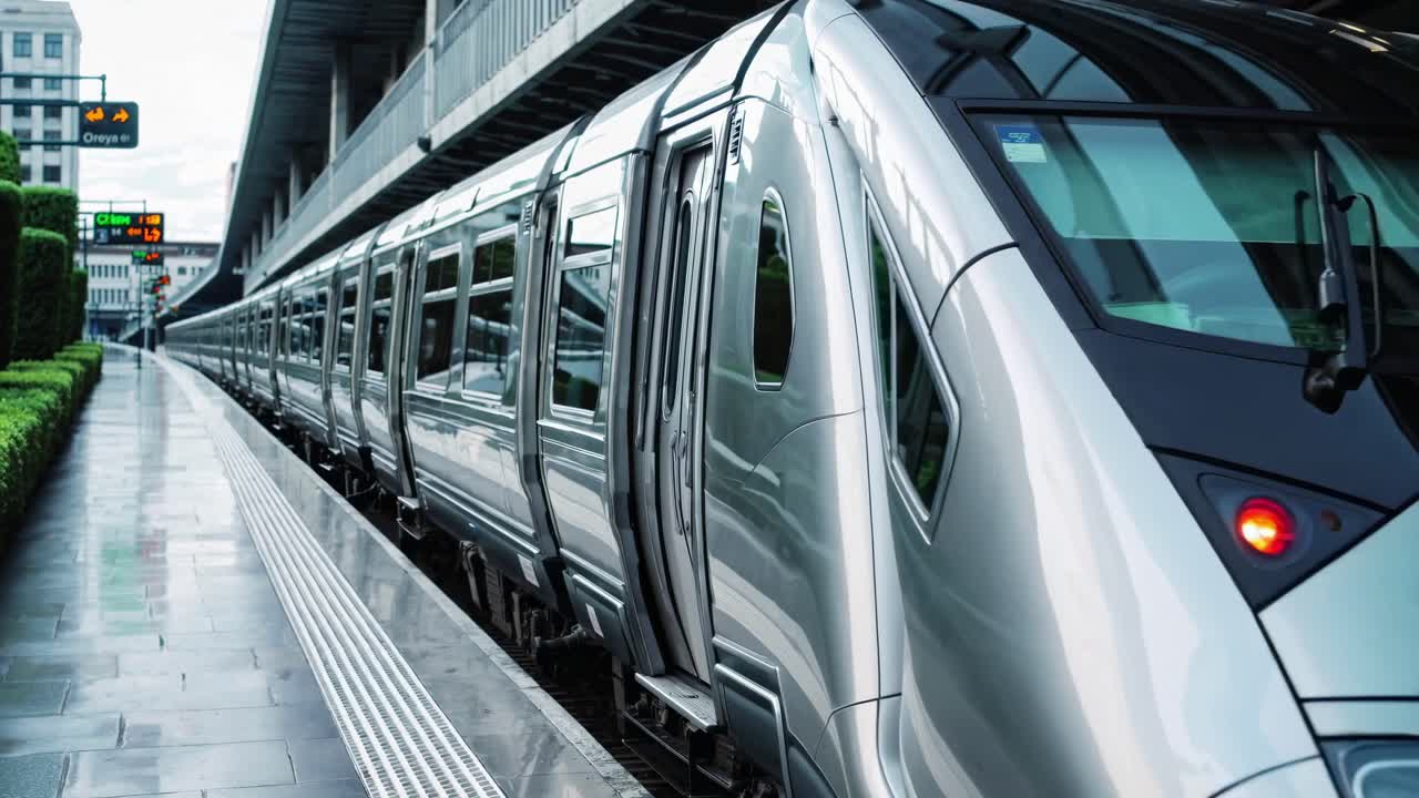 Dynamic video of a sleek, modern train at a station, captured from a low-angle perspective
