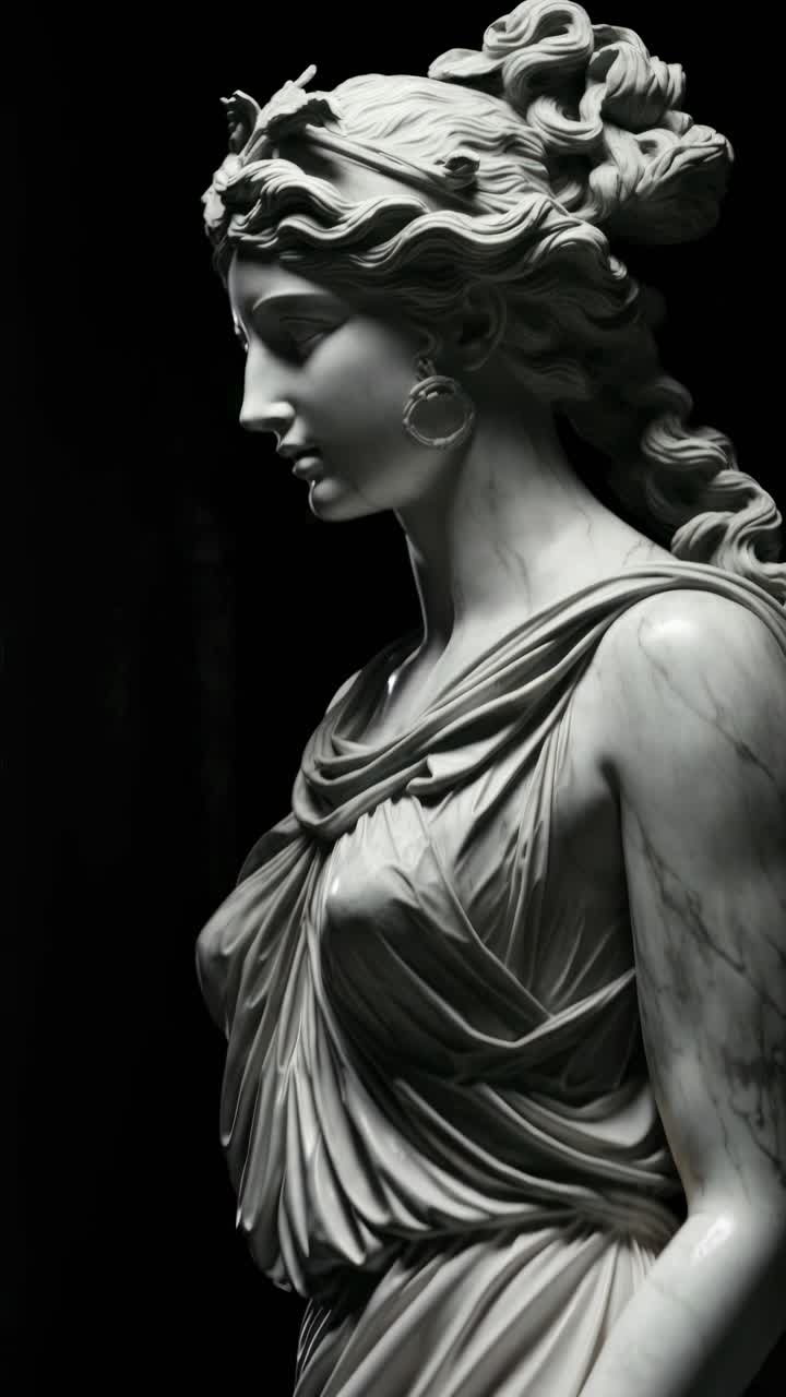 A dramatic side-angle video shot of a classical marble statue, highlighting intricate details