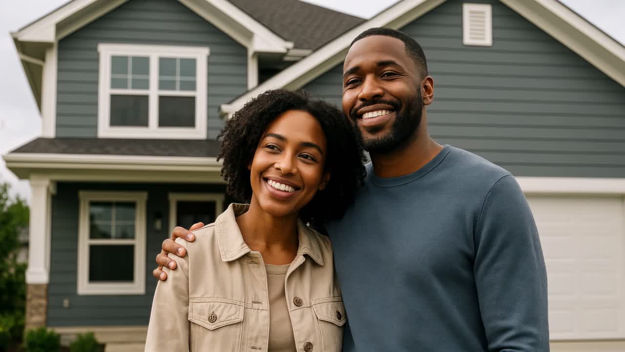 A couple smiles in front of their new home, captured from a low-angle