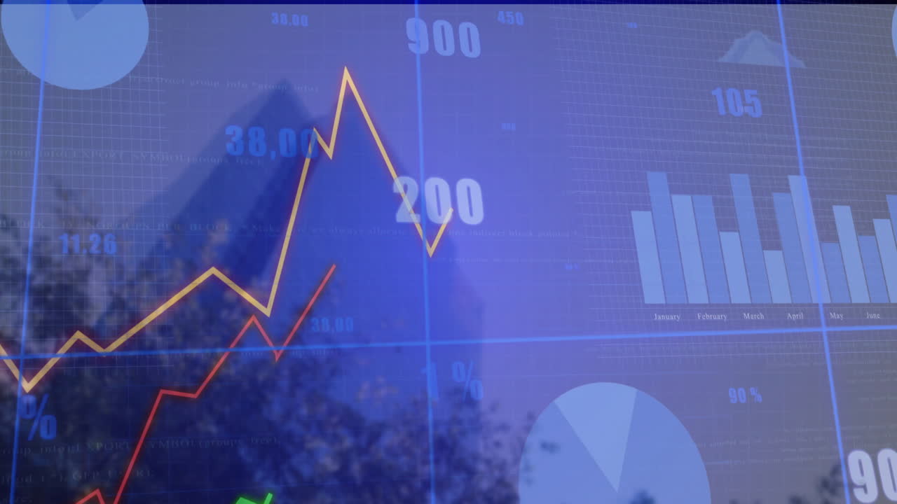 Translucent financial dashboard showing line graph peaking and dipping, featuring bar chart