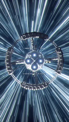 vertical shot of a colony ship travelling at warp speed as seen from behind