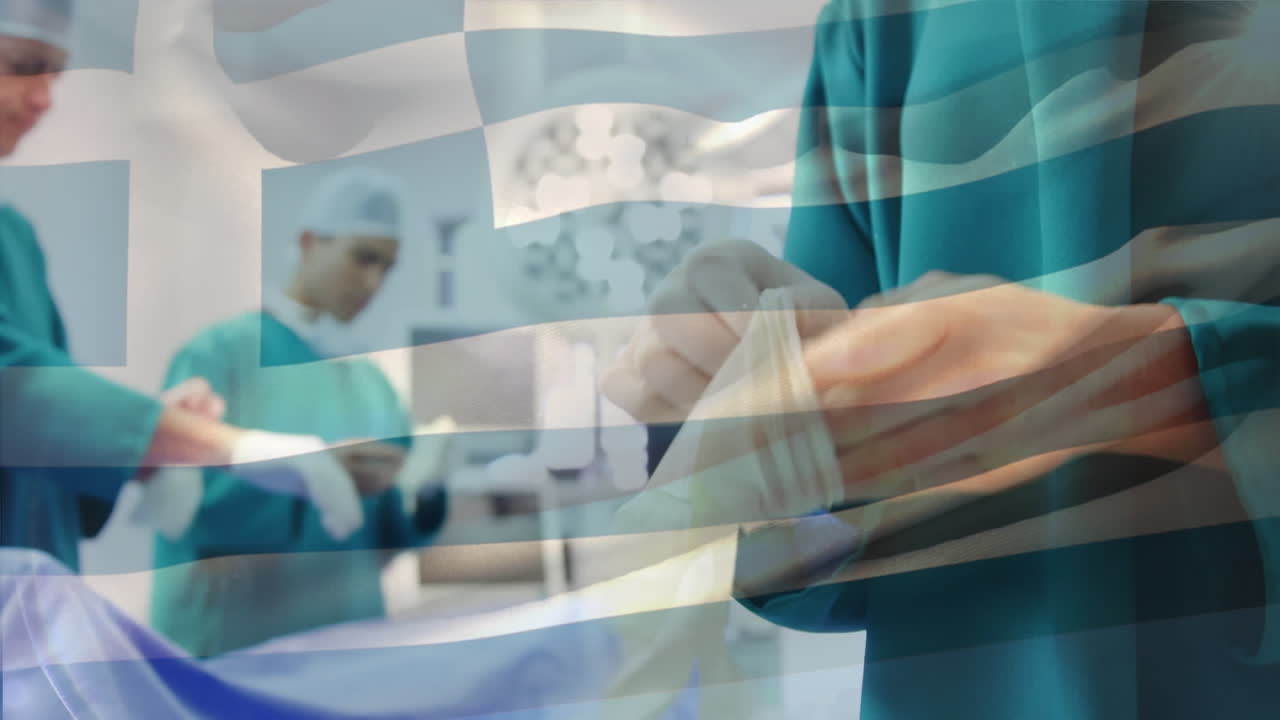 수술실 에 있는 외과 의사 들 위 에 그리스 국기 가 흔들리는 애니메이션