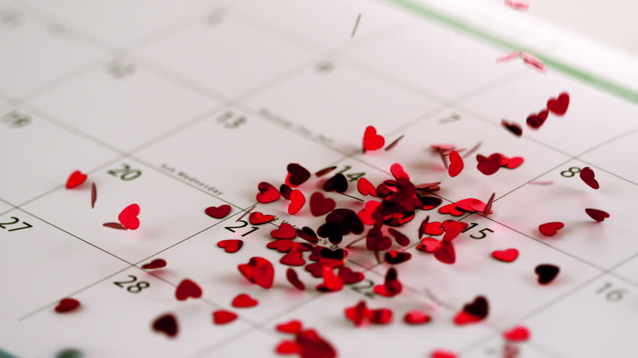confeti de corazón rosado cayendo en el calendario