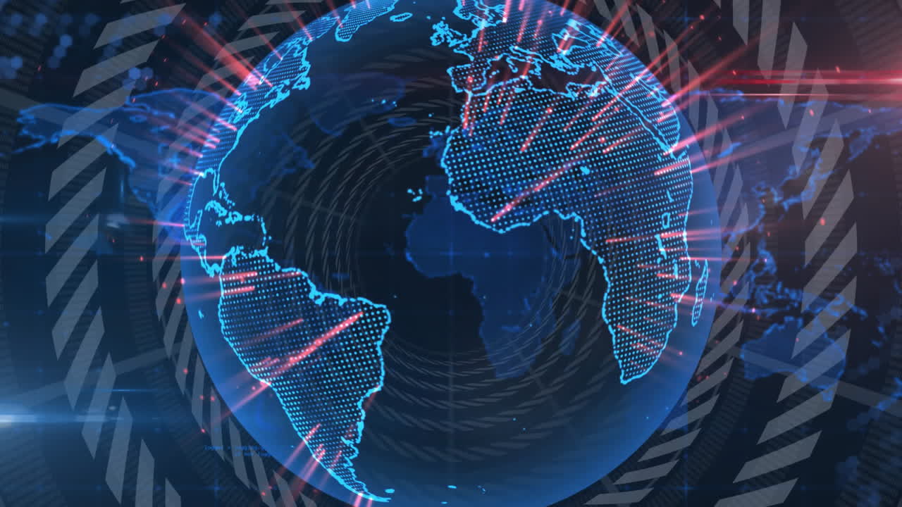 Animasjon av digital globus med glødende datapunkter og røde linjer i bakgrunnen