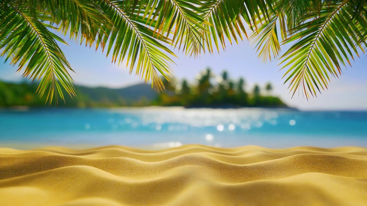 Scena di Spiaggia Tropicale con Foglie di Palma e Sfondo Marino Sfocato
