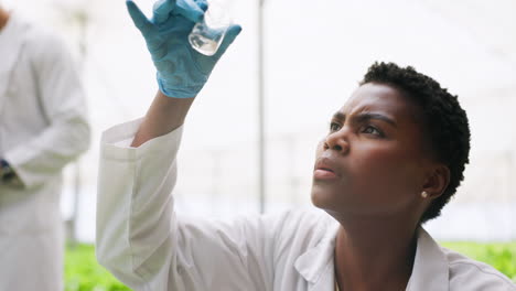 scientist, biochemistry and glass with liquid