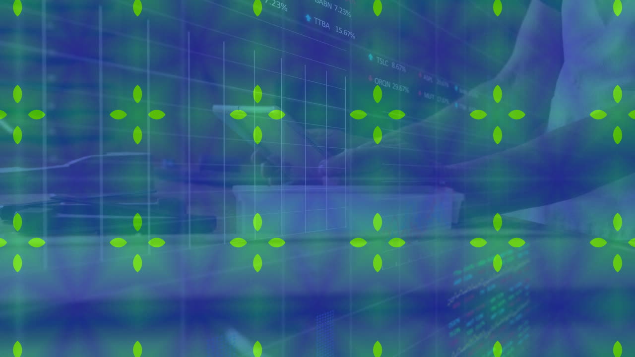 Person using tablet over digital stock market data and graphs animation