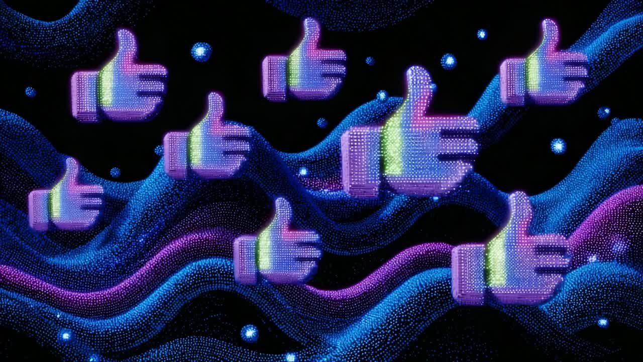 A vivid depiction of stylized thumbs up symbols flowing through an abstract, colorful digital landscape, showcasing positive emotions and engagement amidst a backdrop of swirling waves and vibrant hues