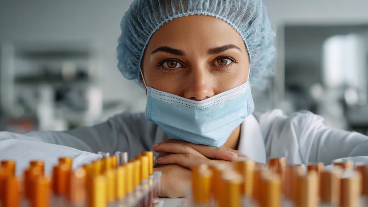 Un tecnico di laboratorio concentrato, vestito con abbigliamento professionale, che indossa una mascherina e una cuffia, guarda intensamente la fotocamera, mostrando una collezione di provette colorate piene di sostanze sul tavolo