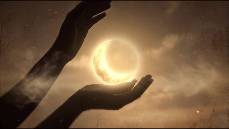 Silhueta de mãos segurando uma lua crescente brilhante