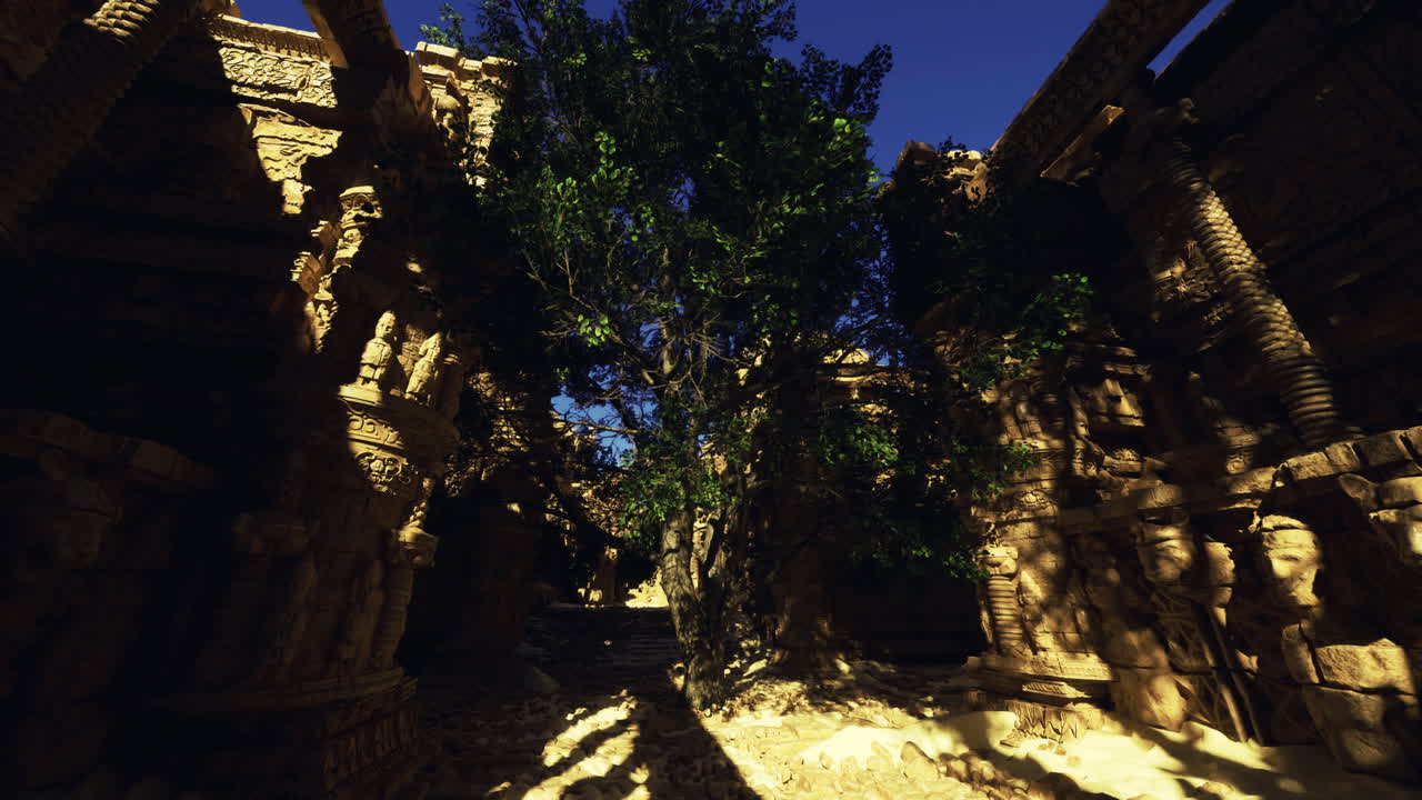 Exploring ancient ruins with towering stone carvings and a lush tree