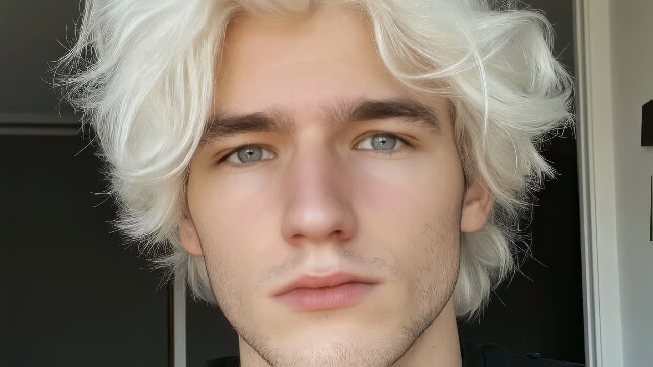 Close-up portrait of a young man with white hair and blue eyes
