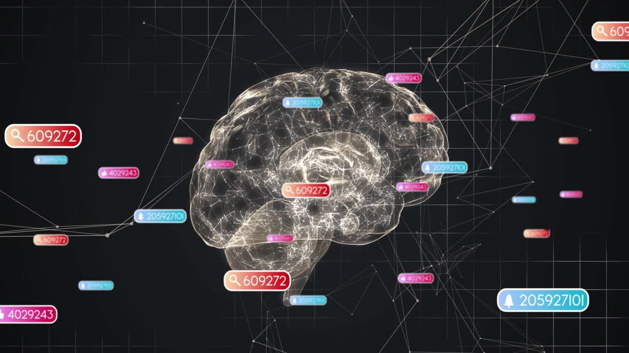 Colored data tags emerging onto rotating wireframe brain while network lines animating showing data