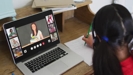 schoolgirl using laptop for online lesson at home, with diverse teacher and class on screen