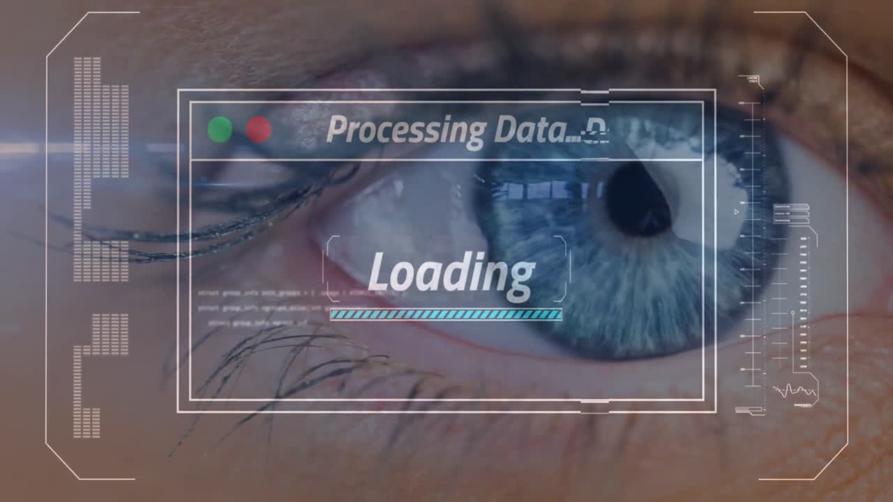 Animation of data processing on screen over woman's eye