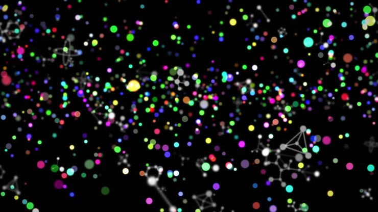 Animazione di punti fluttuanti multicolori su diverse forme geometriche su sfondo nero