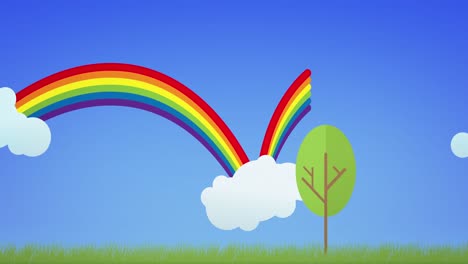 animation of rainbows and white clouds on blue background