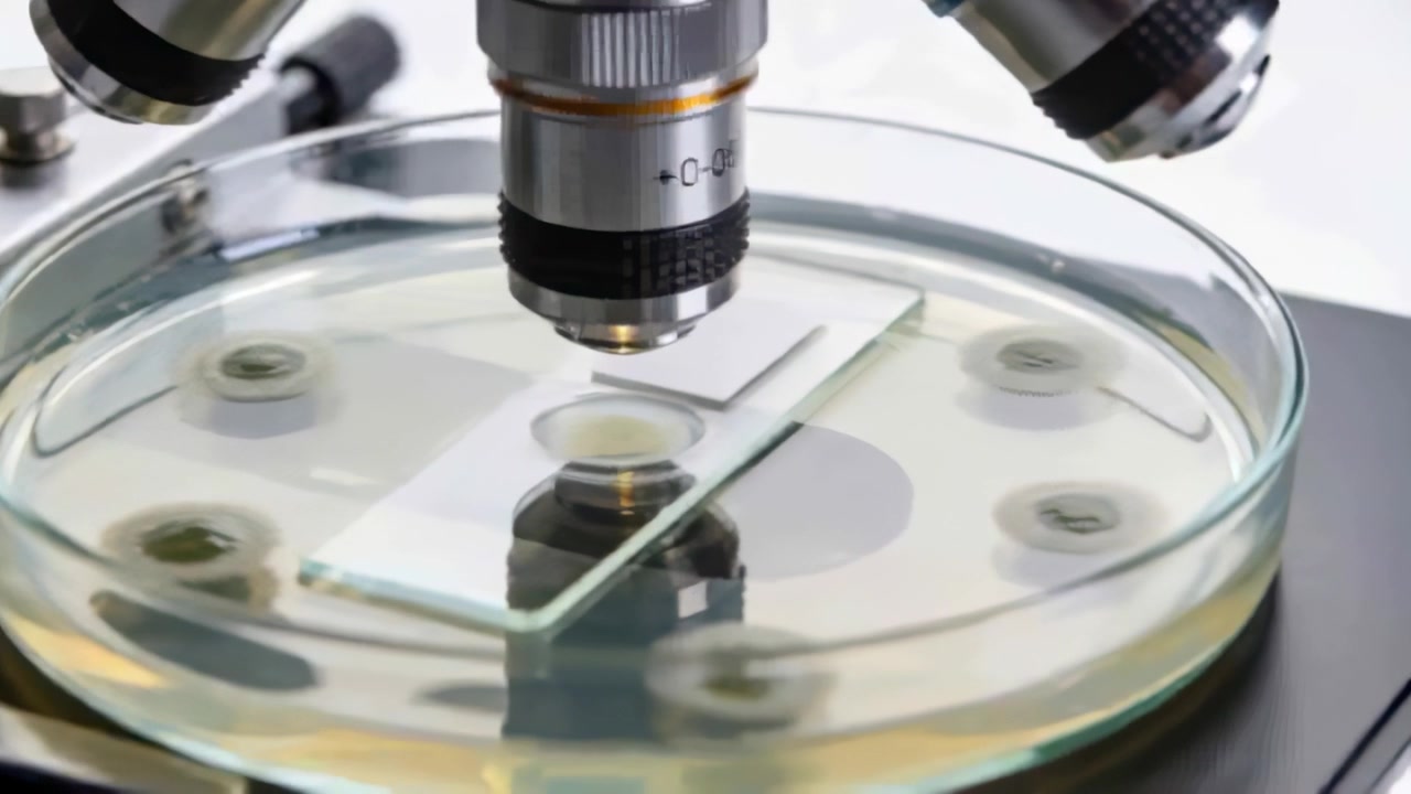 Turning focus knob, compound microscope lowering central objective into focus on bench, with dish