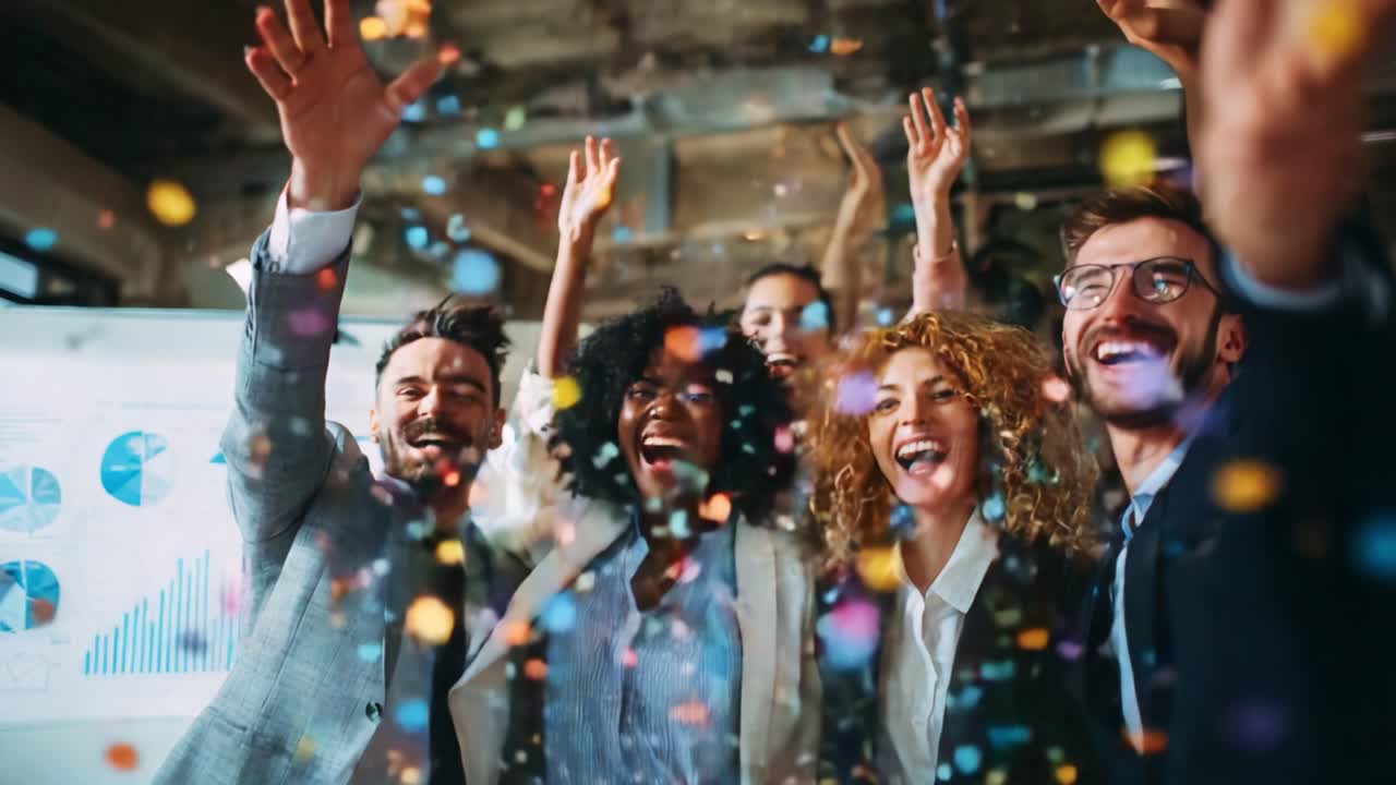 Celebration of Success: A Joyful Group of Professionals Exchanging Enthusiasm and Happiness Amidst Colorful Confetti in a Dynamic Office Environment