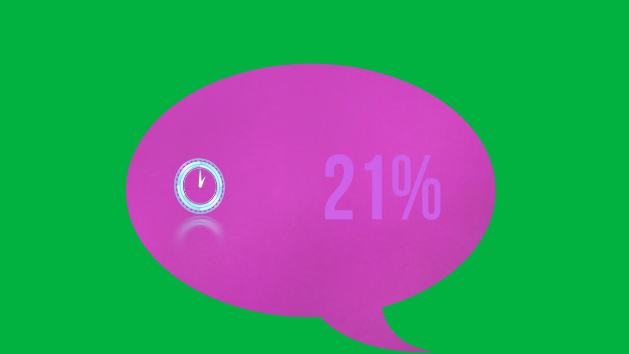 Neon ticking clock and increasing percentage on pink speech bubble against green background
