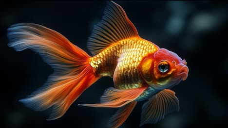 vibrant goldfish gliding in water. a vibrant goldfish glides through clear water, showcasing its bright orange scales and flowing fins in an aquarium.