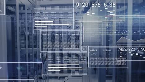 animation of interface with data processing and light spot against computer server room