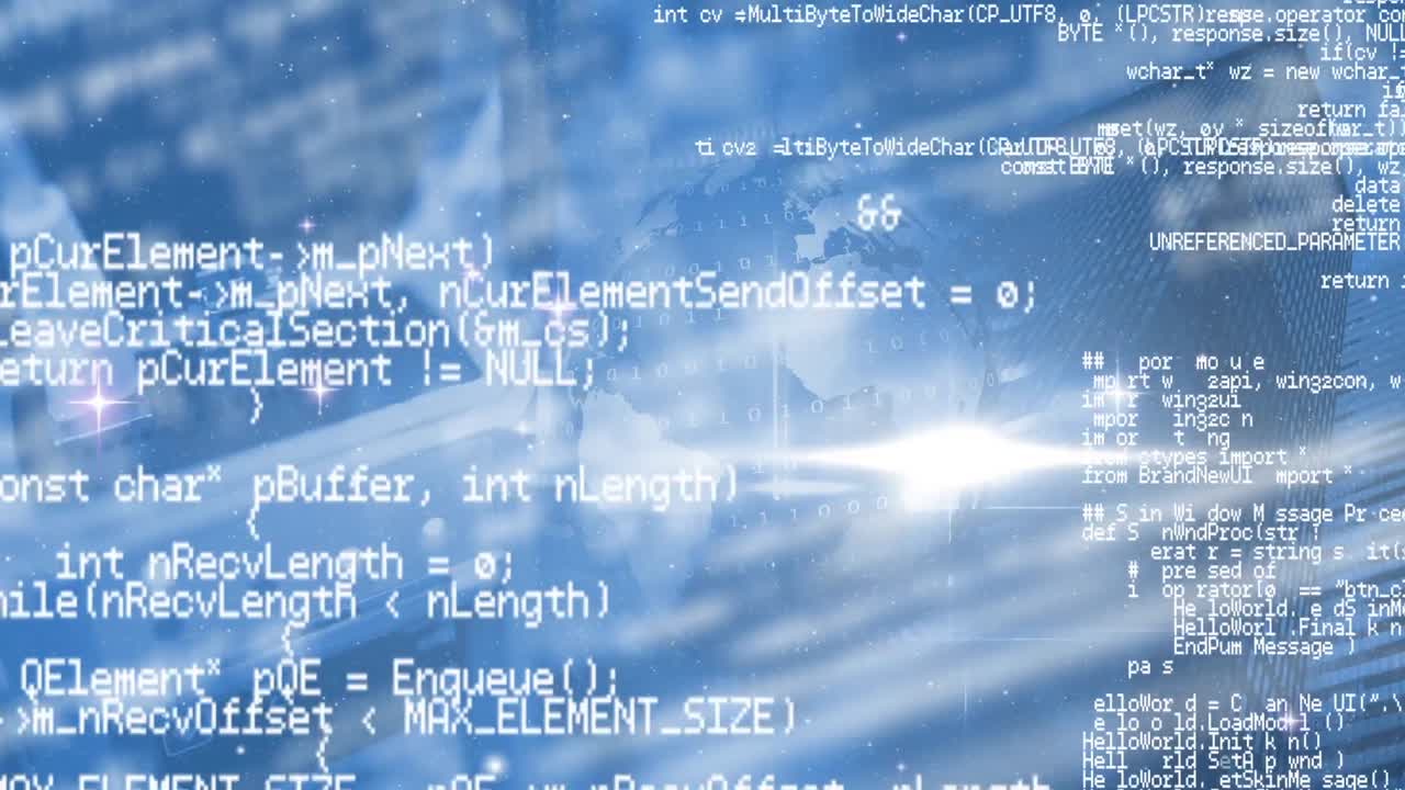 Digital animation of data processing over globe and tall buildings against blur background