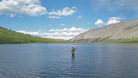 drone shot of fly fisherman at a high alpine lake in colorado