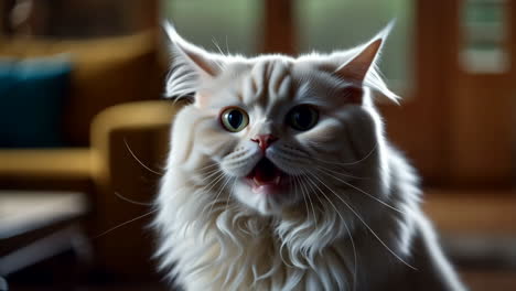 close-up of a fluffy cat with a surprised expression