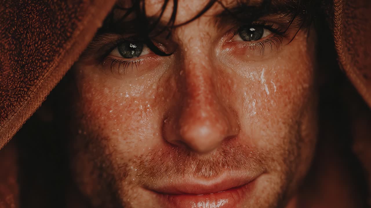 Close-up Portrait of a Young Man with Water Droplets and a Towel, Capturing Intense Emotions and Intriguing Expressions in a Soft-Textured Setting