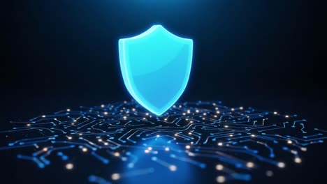 a bright blue shield symbolizing digital security and protection against cyber threats on a circuitry background in a futuristic setting